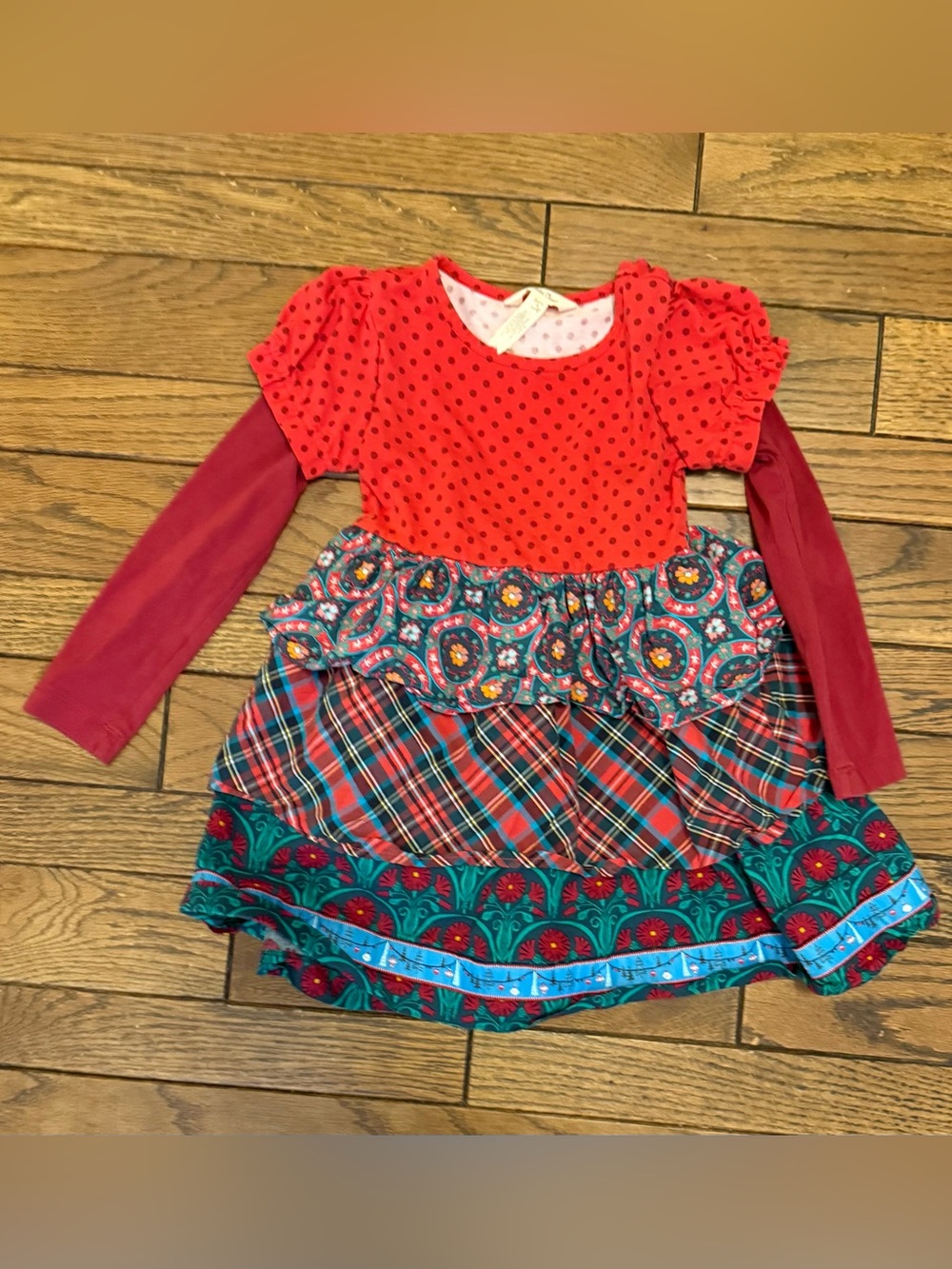 Matilda Jane Red Layered Twirl Dress with Teal & Blue Accents Christmas Winter